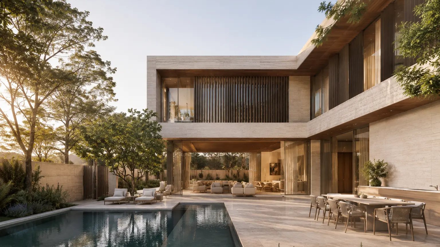 Landscaped pool courtyard and shaded terrace of a contemporary Dubai villa