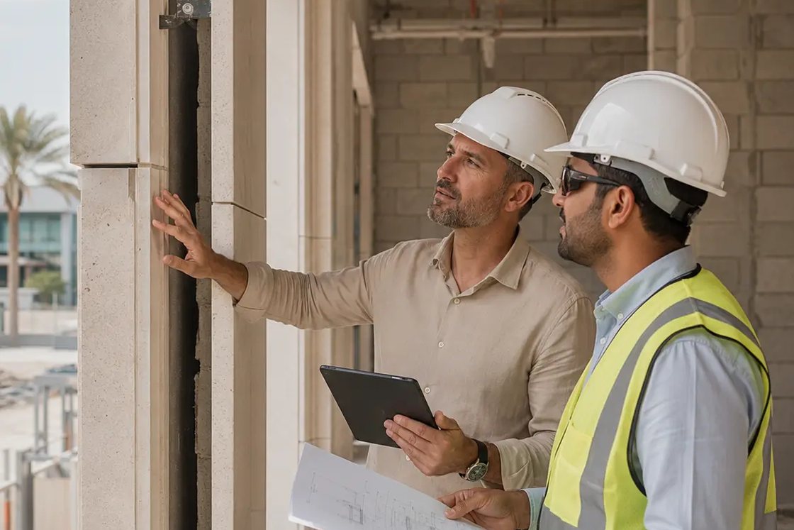 Project manager and site engineer inspecting facade work on a Dubai villa site