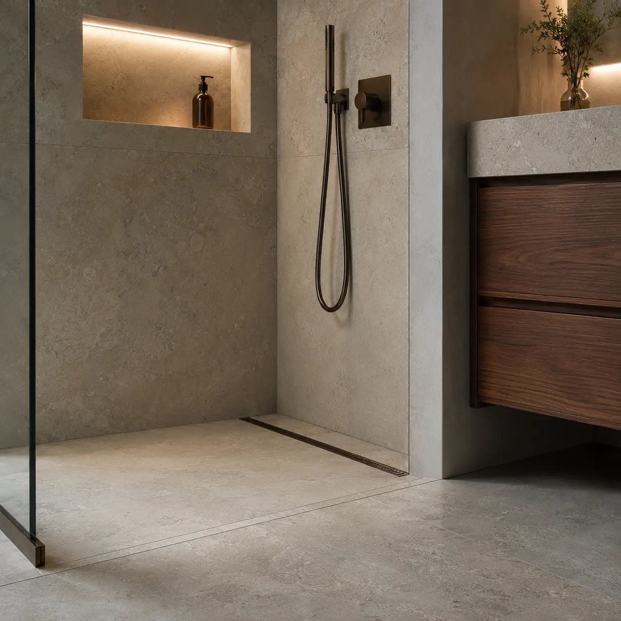 Sloped limestone shower floor, linear drain and integrated bathroom niche