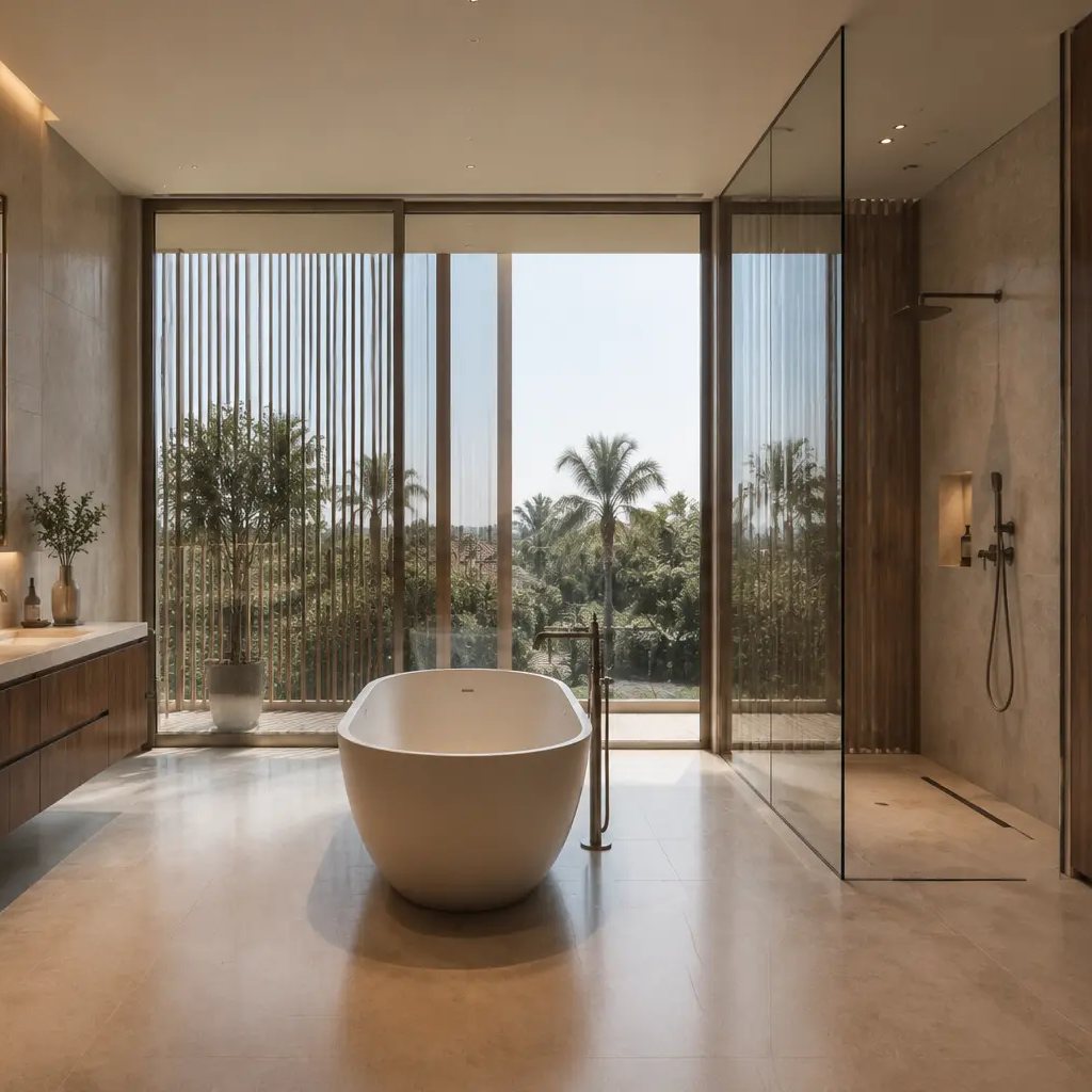 Bronze-framed glazing meeting a walnut vanity in a principal bathroom