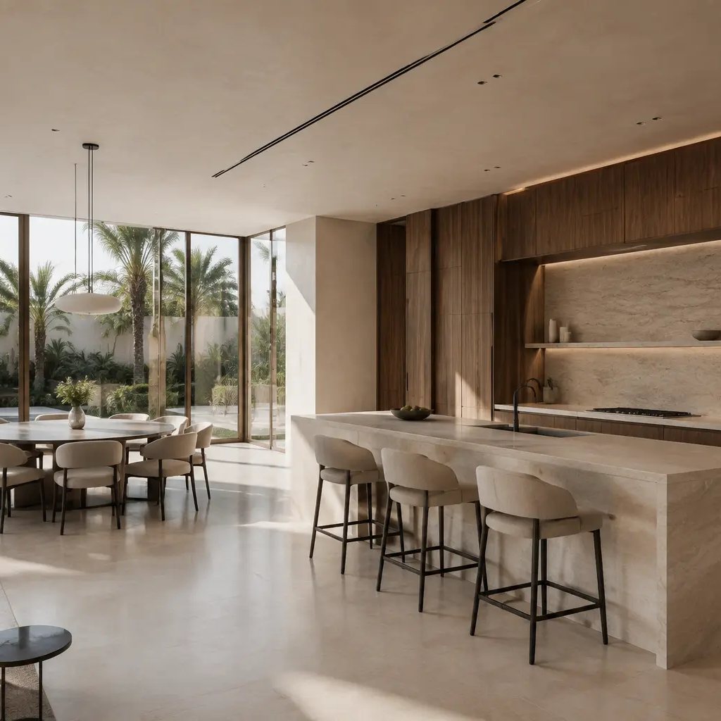 Walnut and pale-stone kitchen detail with a mitred stone worktop