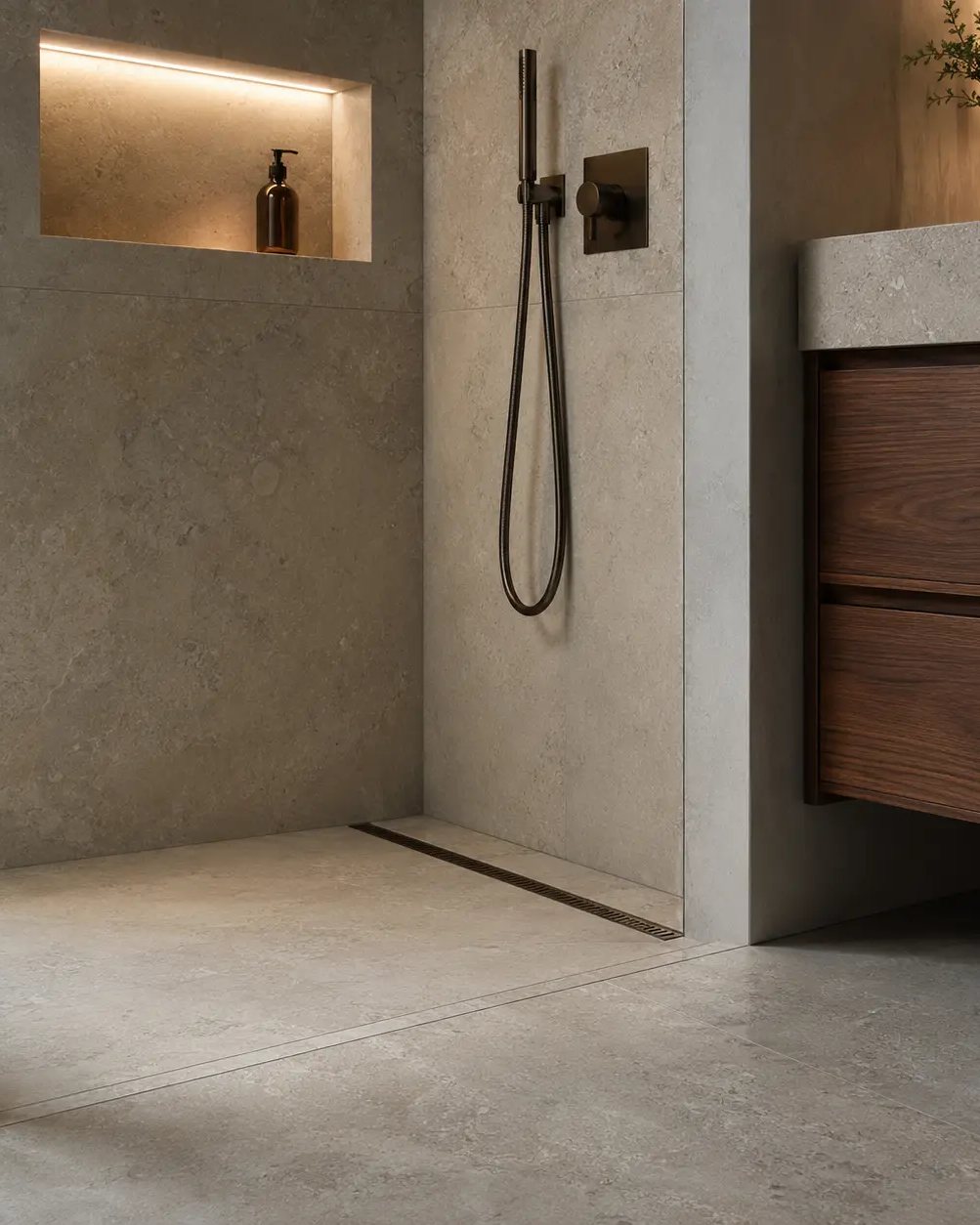 Sloped limestone shower floor with a linear drain and integrated niche