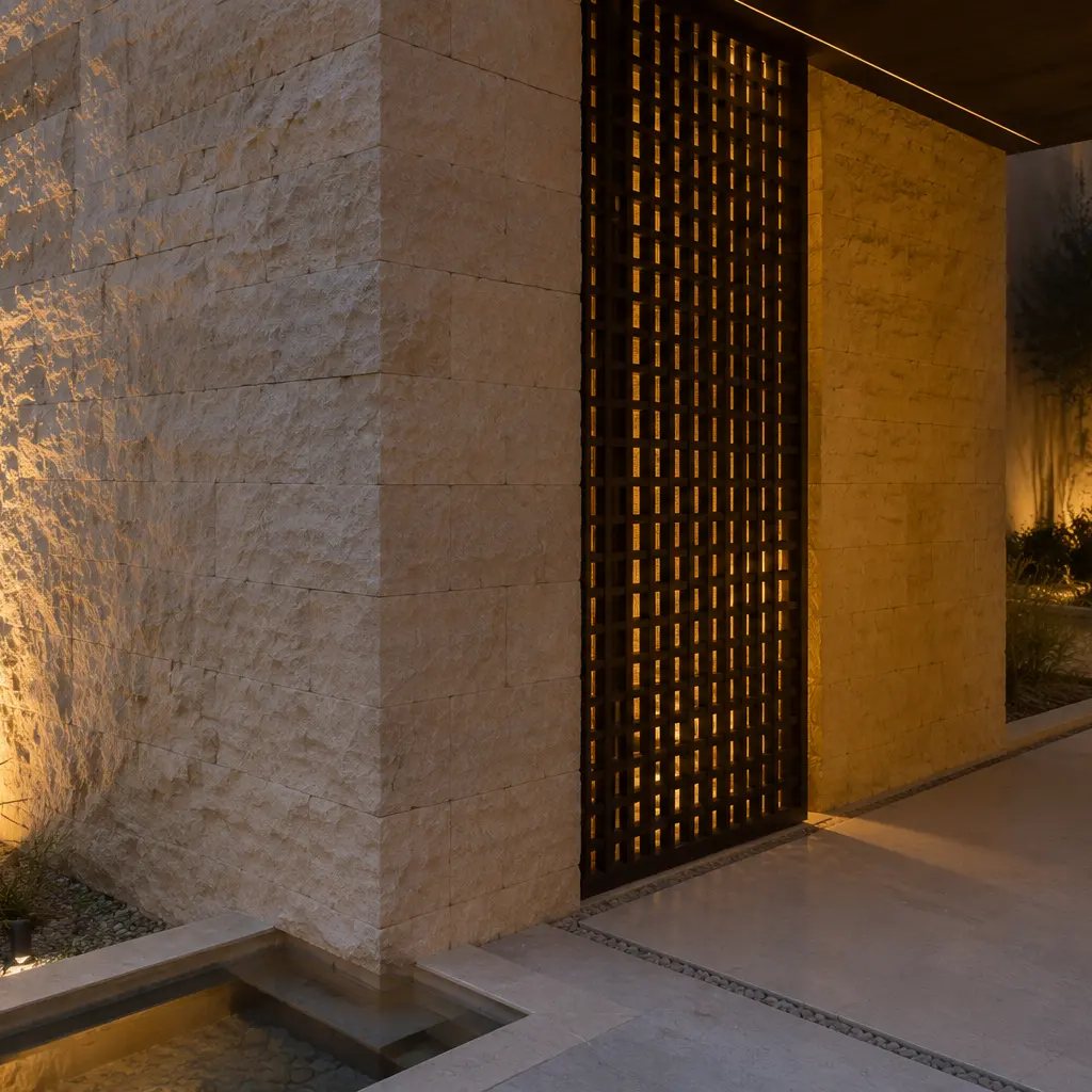Rough limestone, bronze screen, concealed lighting and water-rill detail