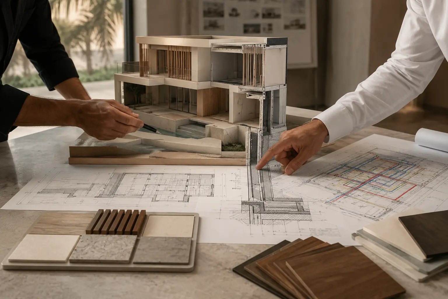 Coordinated villa model with architecture, structure, MEP drawings and finish samples