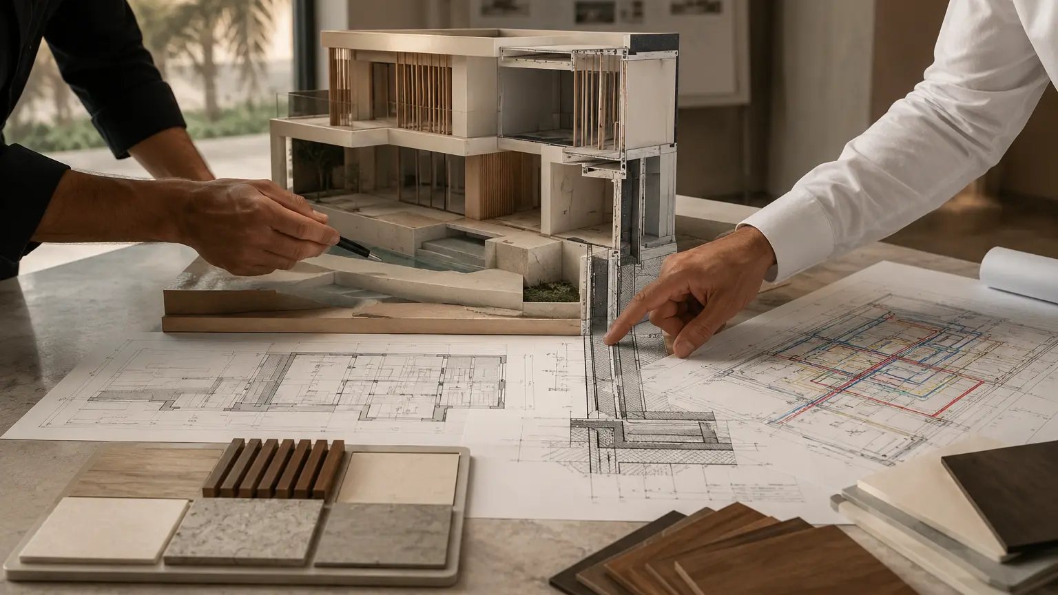 Coordinated villa model with architecture, structure, MEP drawings and finish samples
