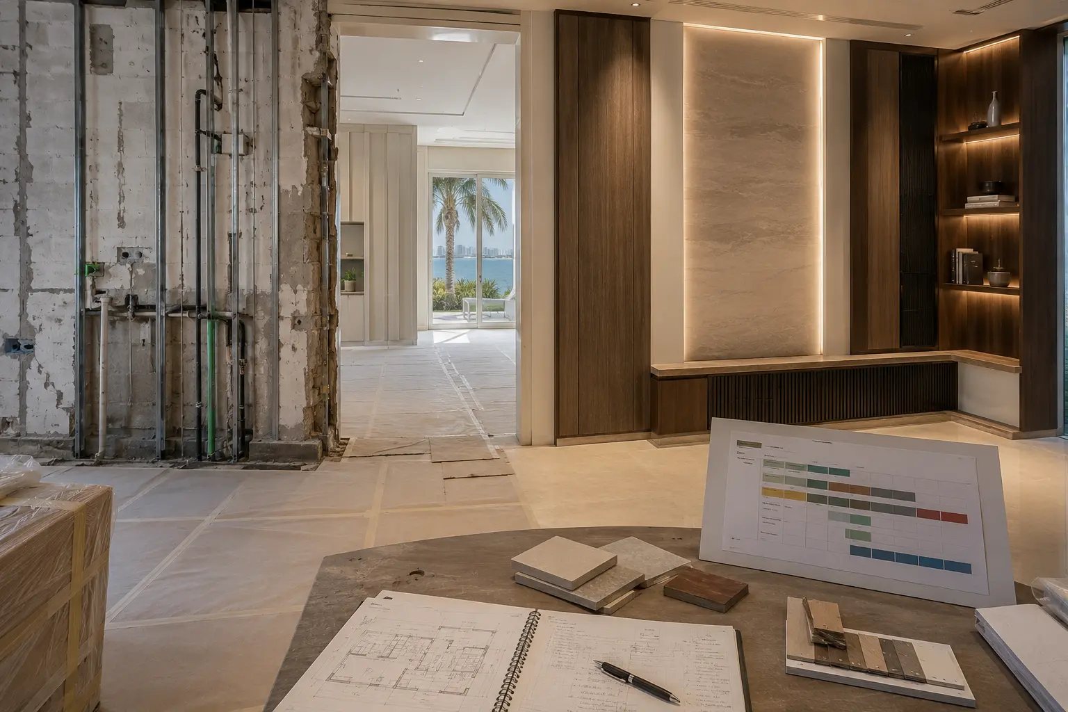 Phased villa renovation showing protected construction and a completed sample bay