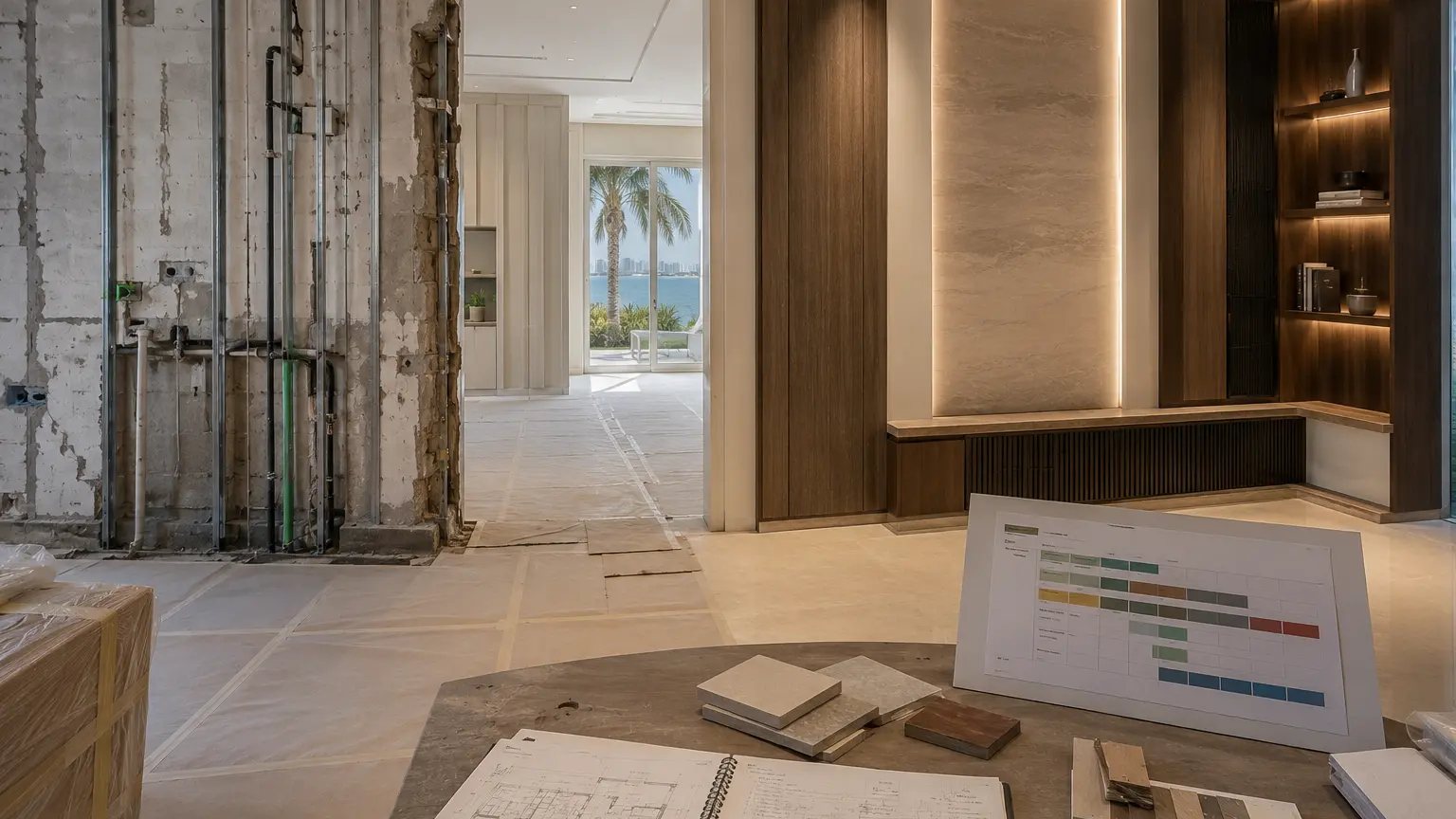 Phased villa renovation showing protected construction and a completed sample bay