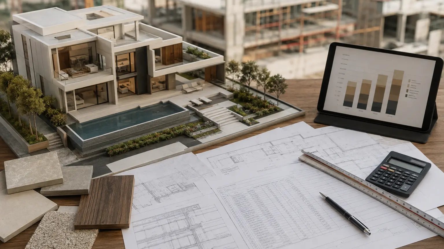 Villa model, drawings, calculator and cost-planning materials on a project table