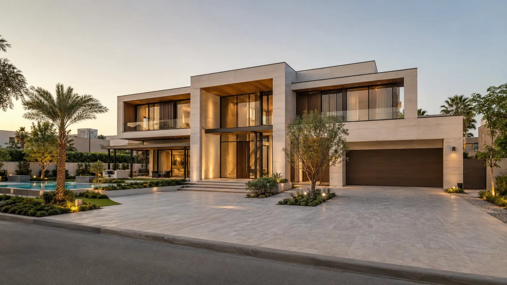 The same villa completed, with the facade, glazing and lighting resolved