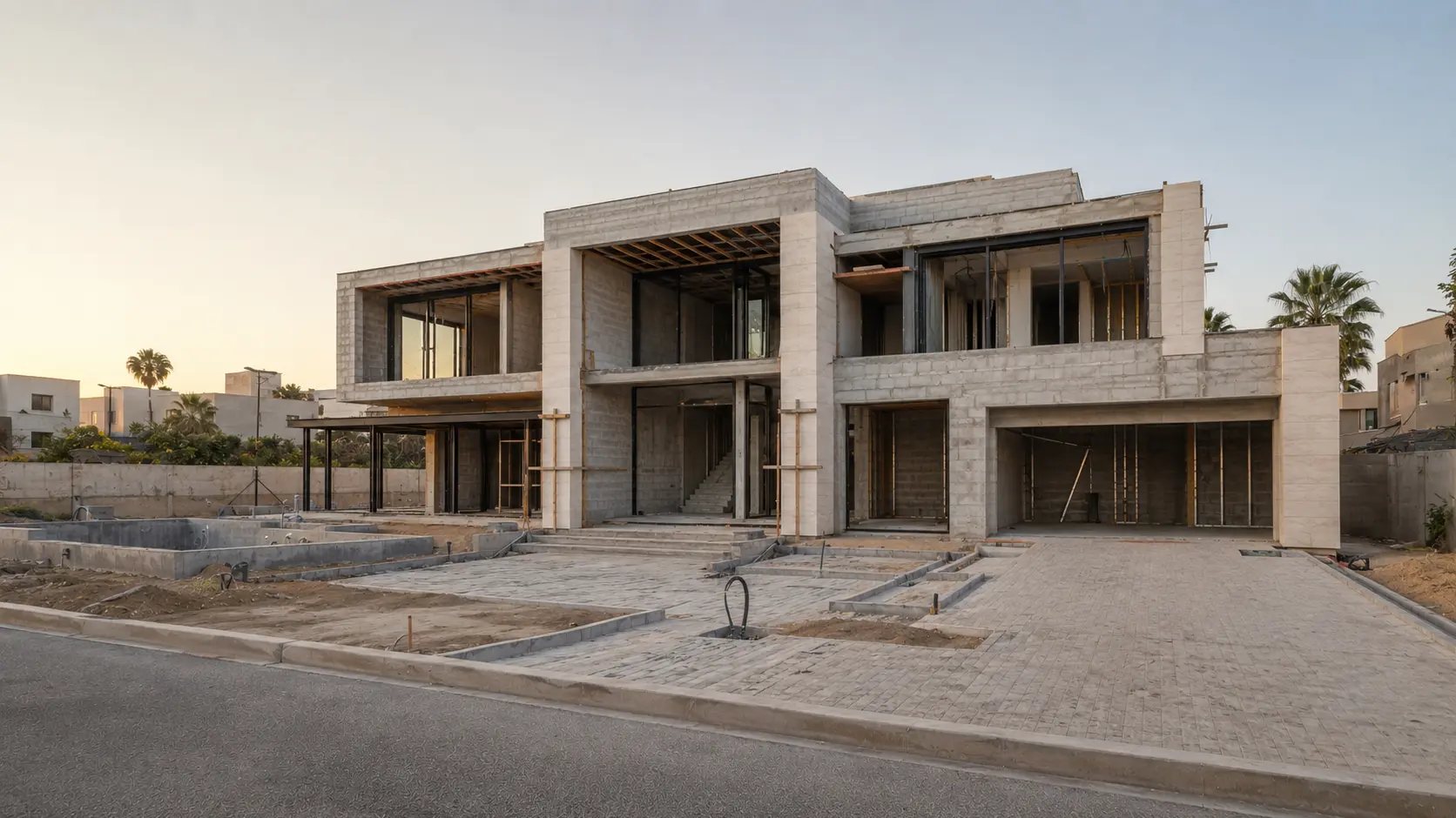 The same villa during glazing, MEP first fix and facade installation