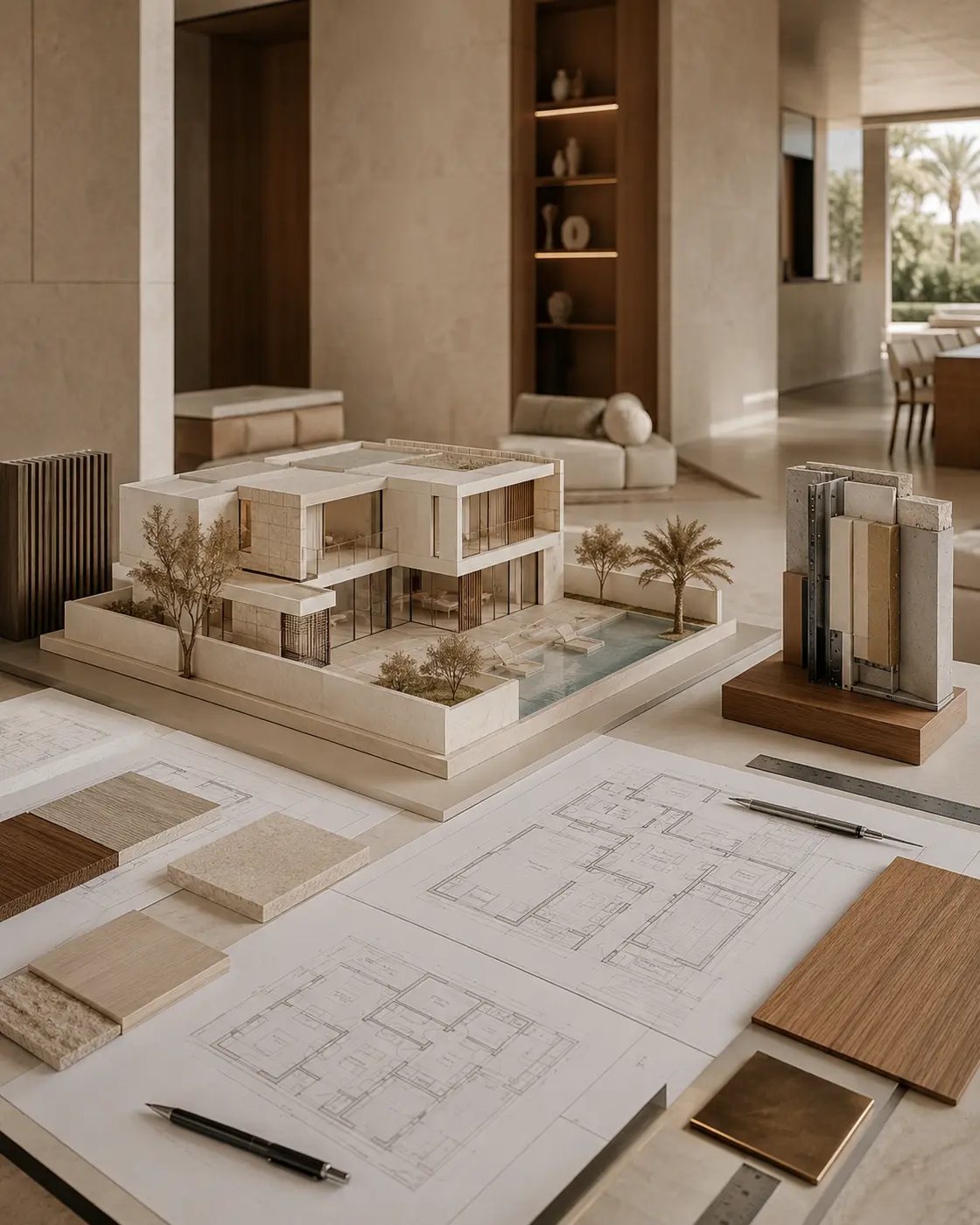Architectural villa model, technical drawings and finish samples under review