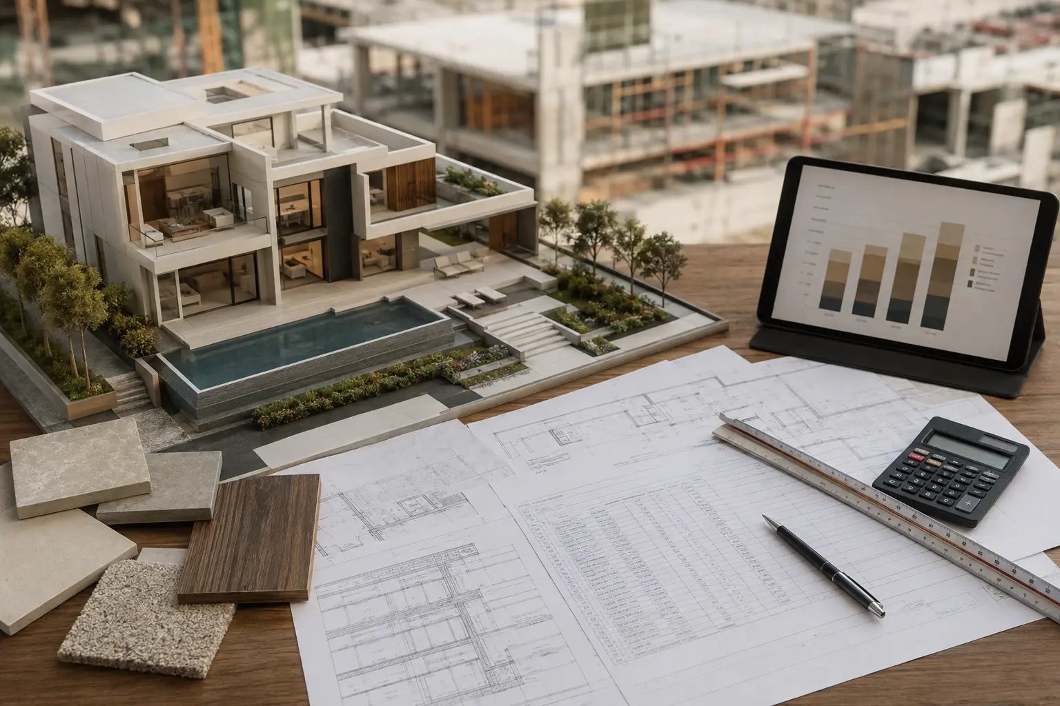 Villa model, drawings and cost-planning materials on a project table