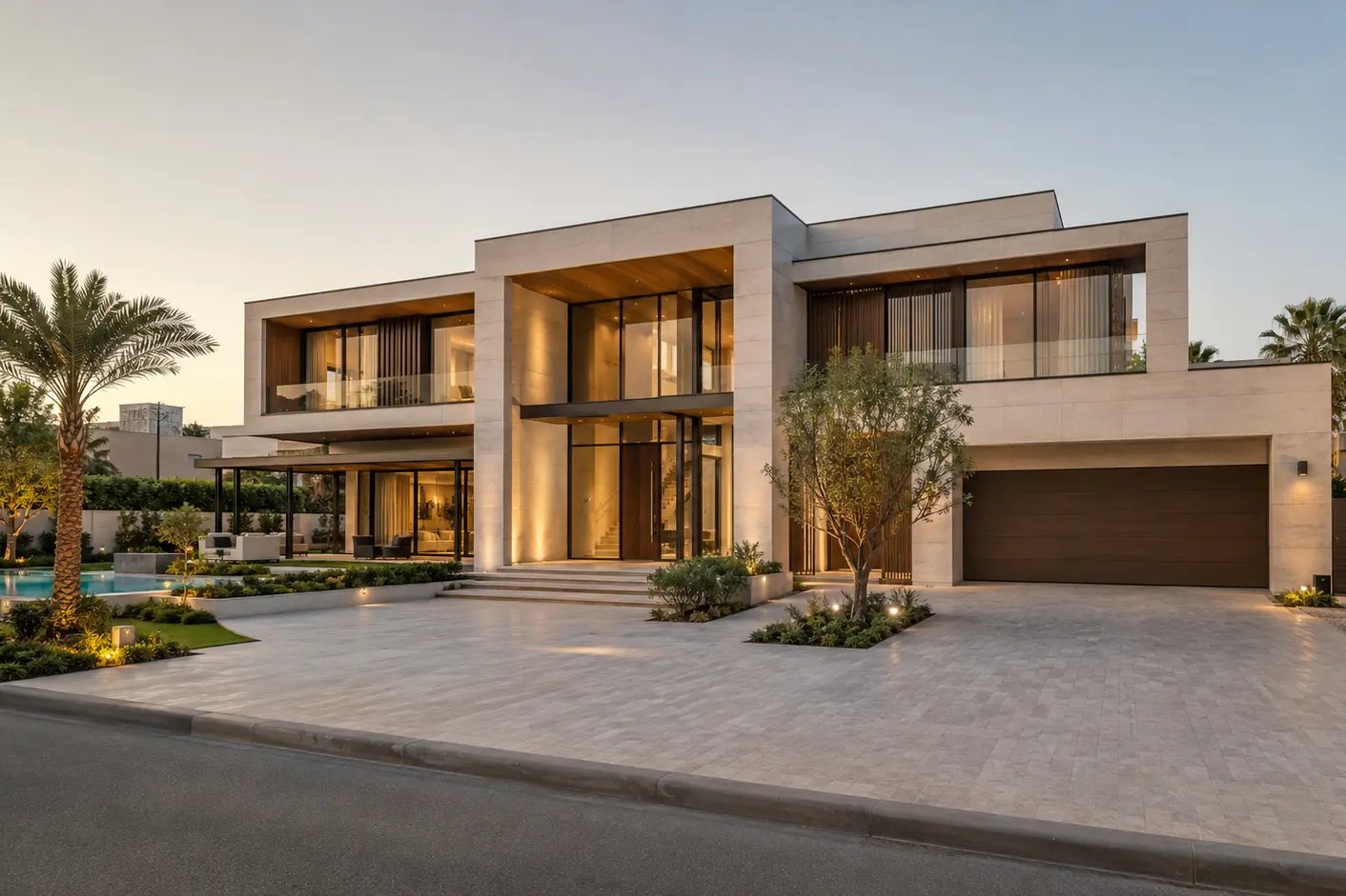 Completed luxury villa at handover with facade, glazing and landscaping finished