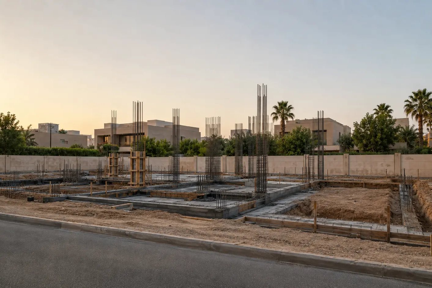 Villa plot during early foundation works and site setting-out