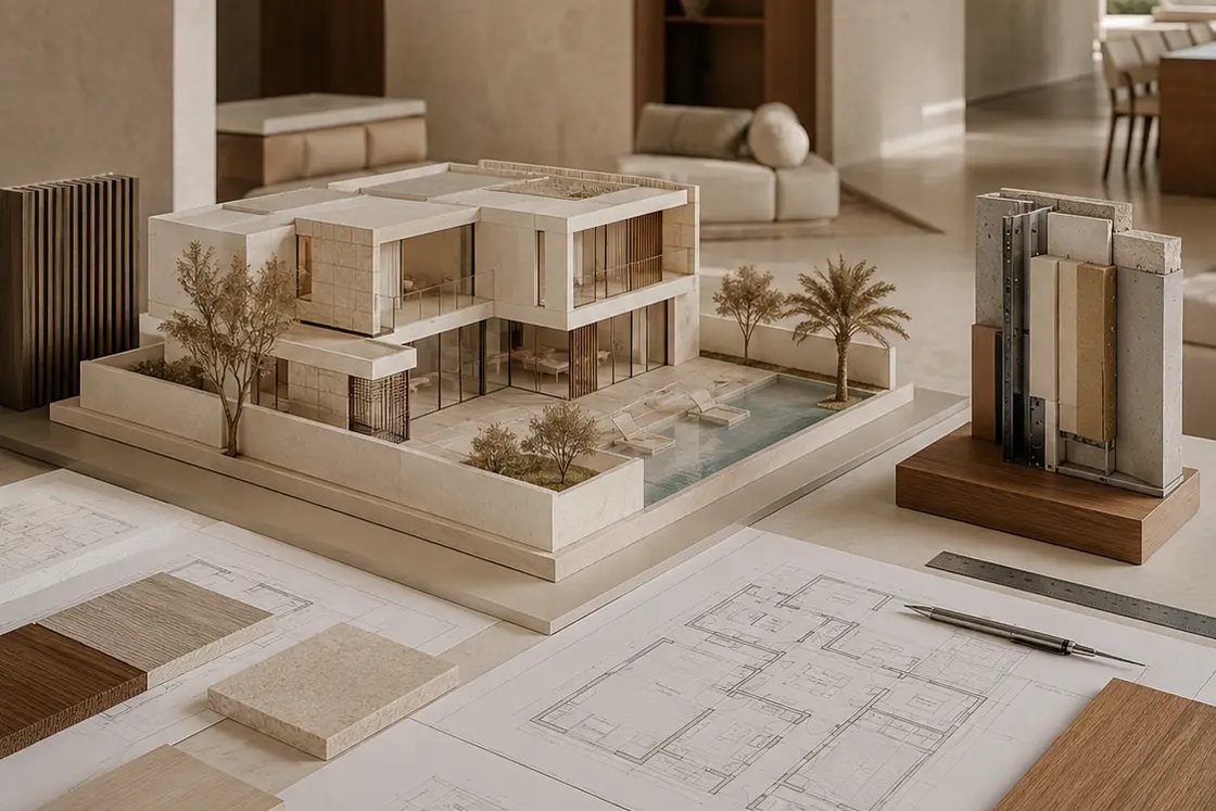 Villa model, drawings and material samples coordinated on a design table