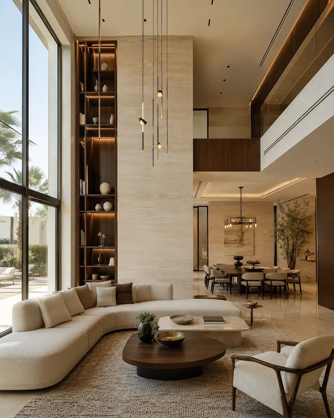 Double-height luxury villa interior with coordinated joinery, lighting and stone finishes
