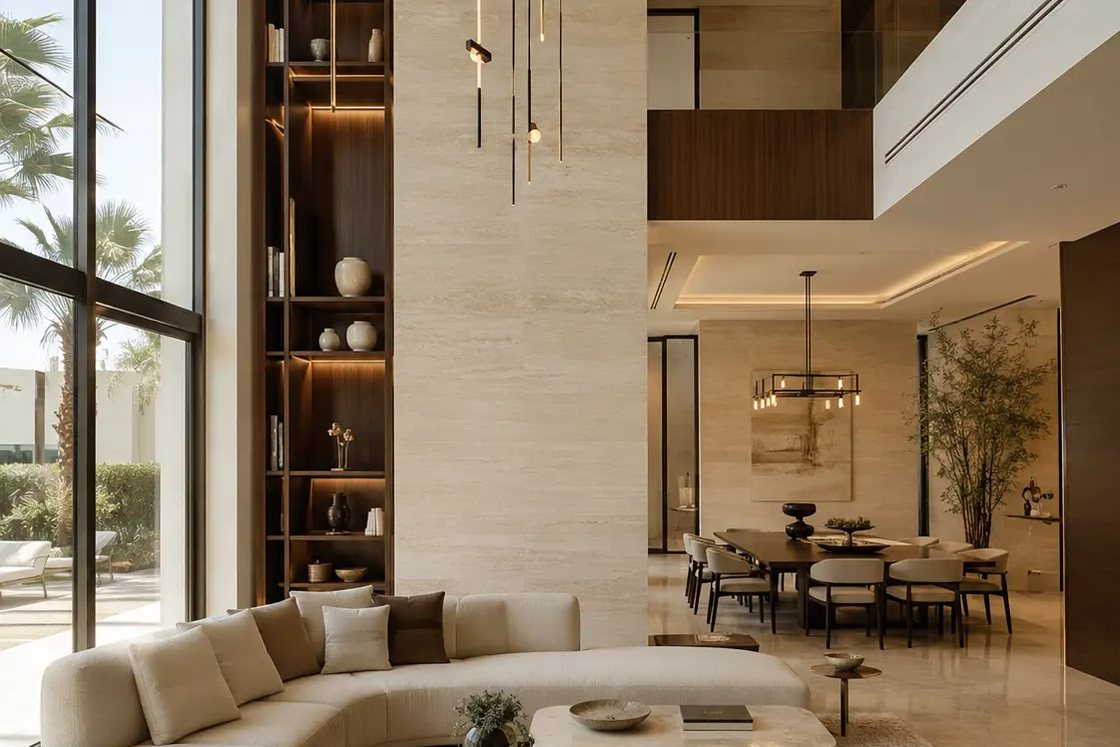 Double-height villa interior with a stone stair, bespoke joinery and integrated lighting