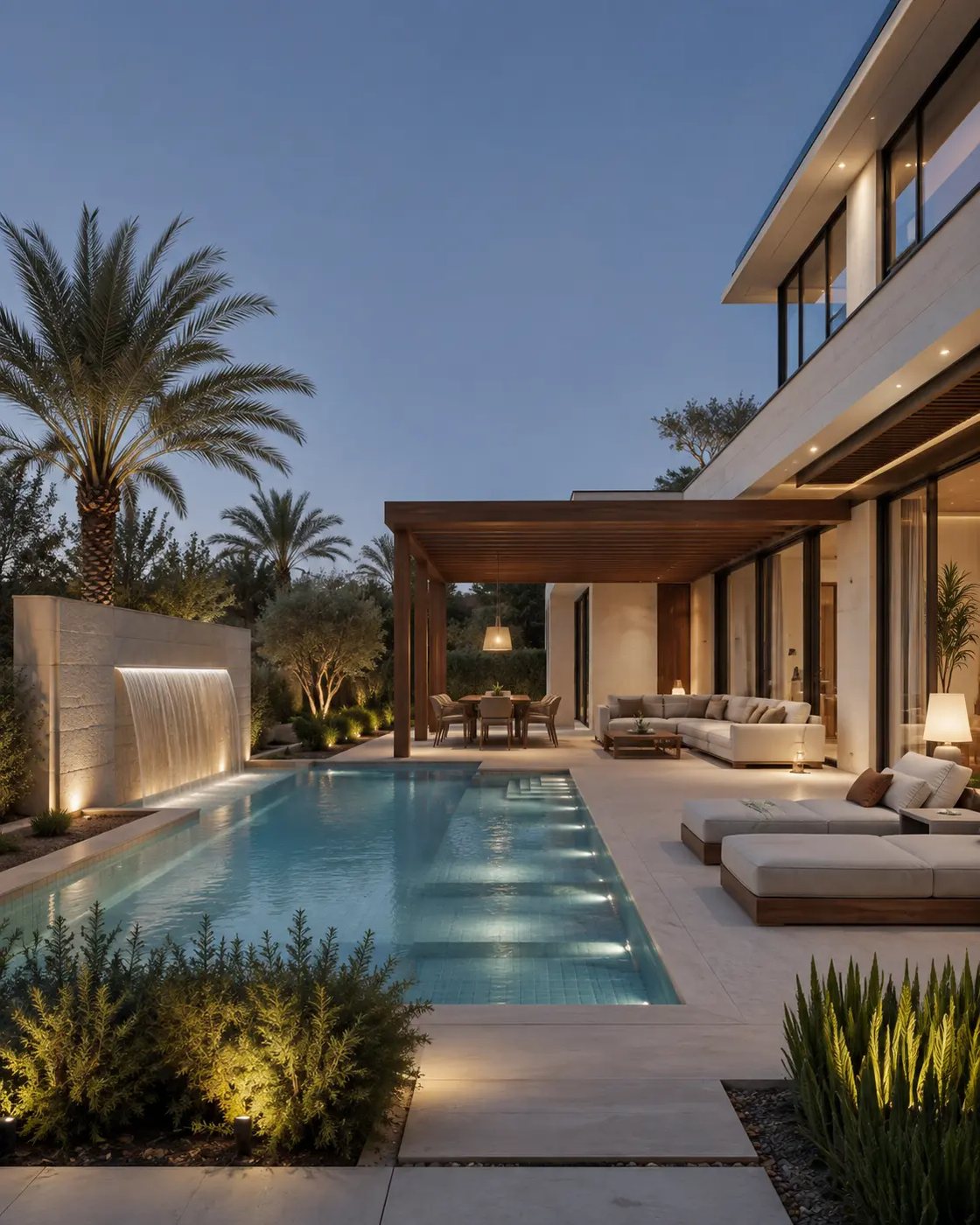 Luxury villa pool, pergola and landscaped outdoor living environment at blue hour