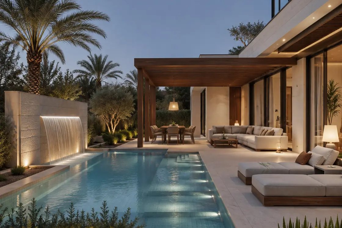Villa pool, pergola and planted terrace lit at blue hour
