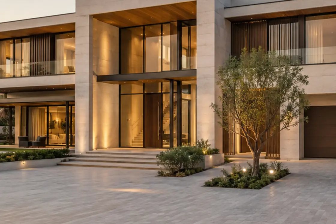 Contemporary luxury Dubai villa with stone elevations, timber screens and mature planting