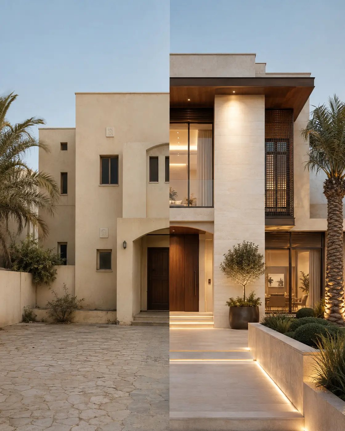 Before-and-after transformation of the same Dubai villa entrance