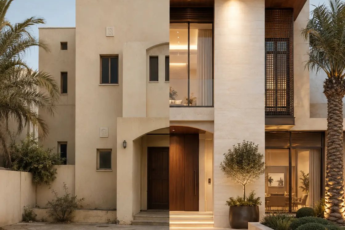 The same villa entrance shown before and after renovation