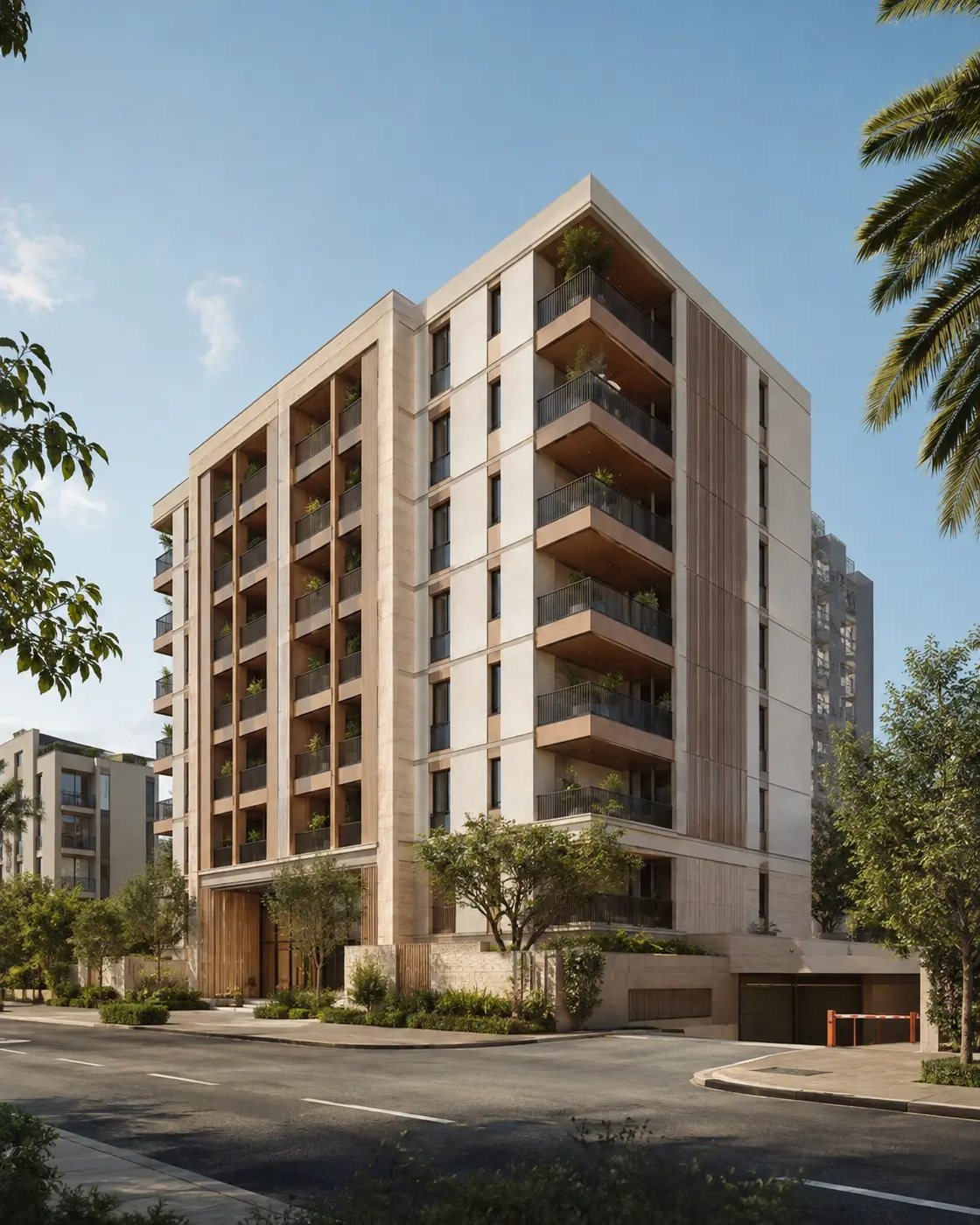 Contemporary mid-rise residential development in a landscaped Dubai setting