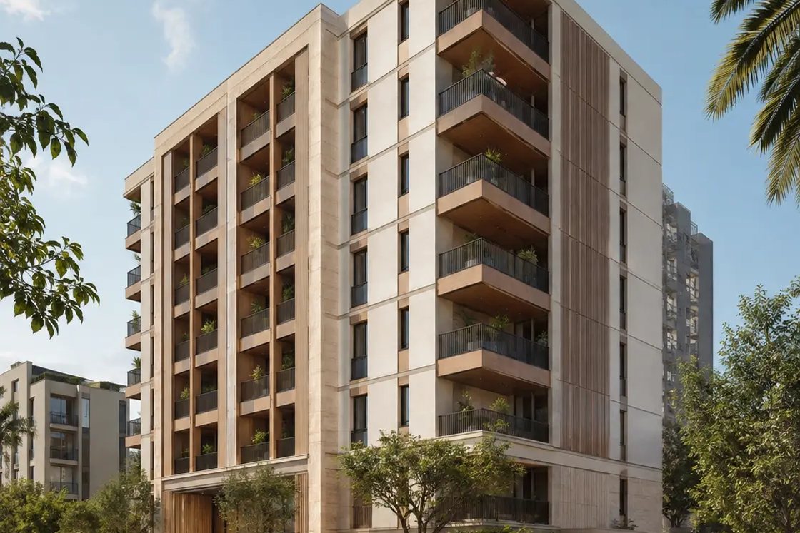 Contemporary mid-rise residential building with shaded balconies in Dubai
