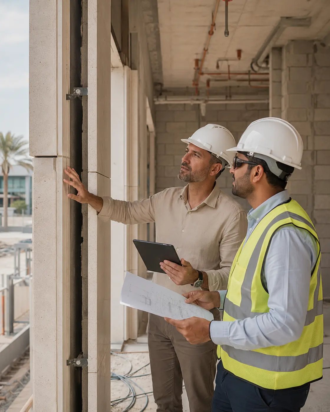 Project manager and site engineer inspecting facade work on a Dubai villa site
