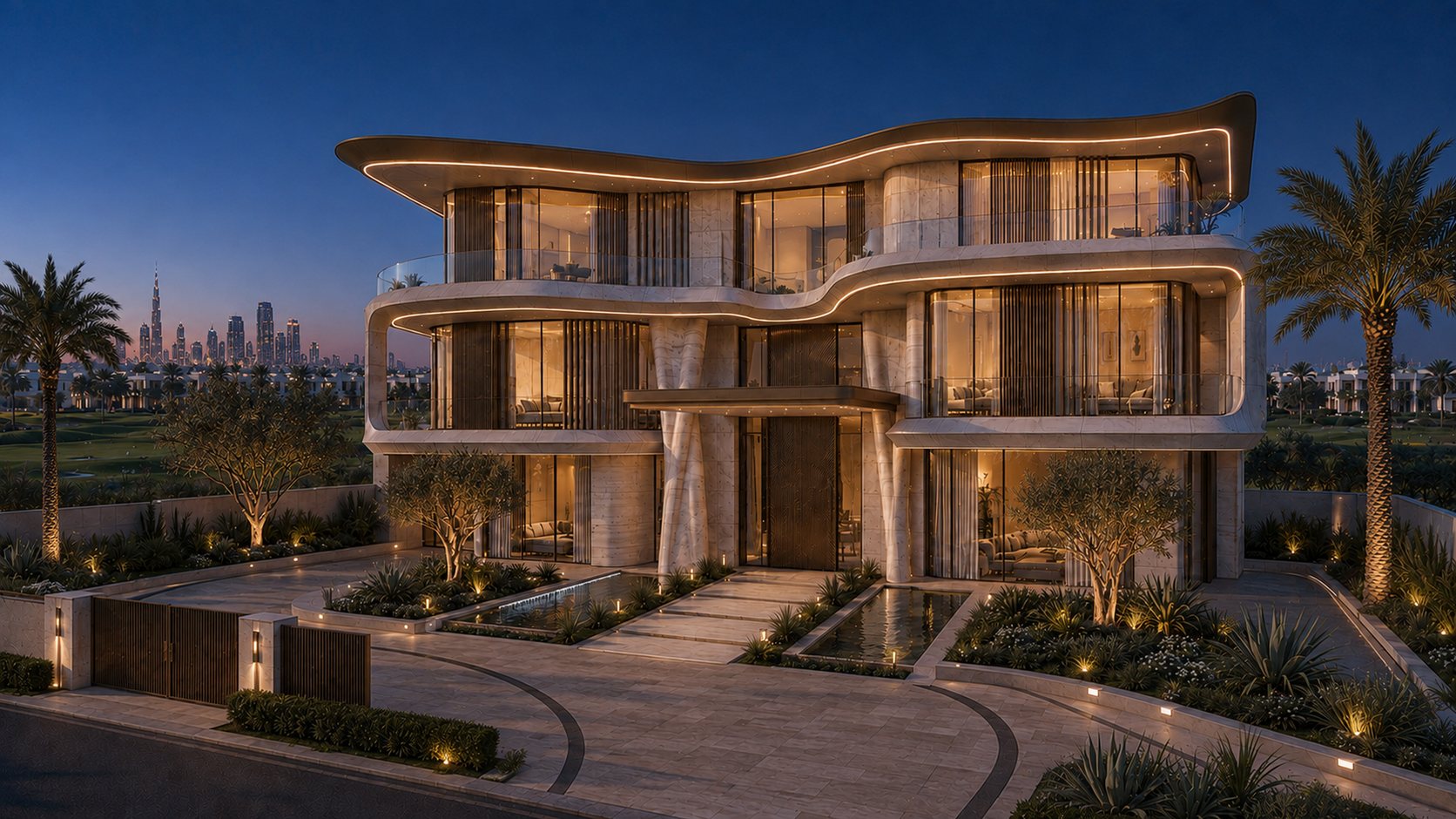 Illuminated contemporary luxury villa in Dubai Hills Estate at blue hour