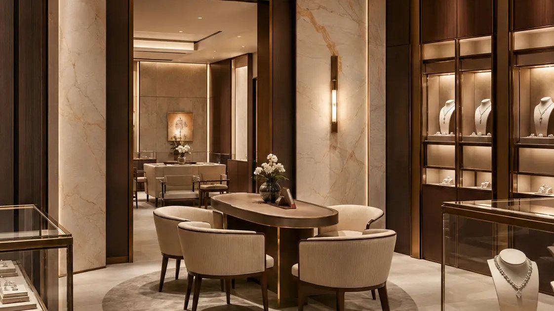 Luxury jewelry boutique interior visualization for AlFardan Jewelry at The Dubai Mall