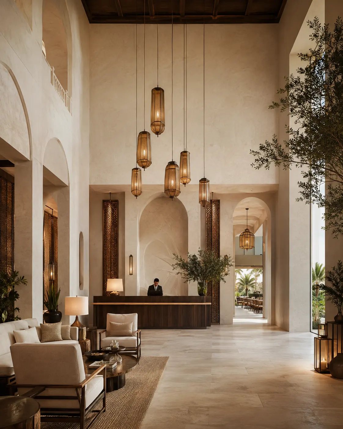 Refined garden hotel lobby design visualization in Jumeirah