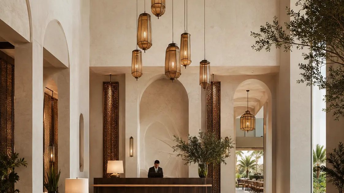 Refined garden hotel lobby design visualization in Jumeirah