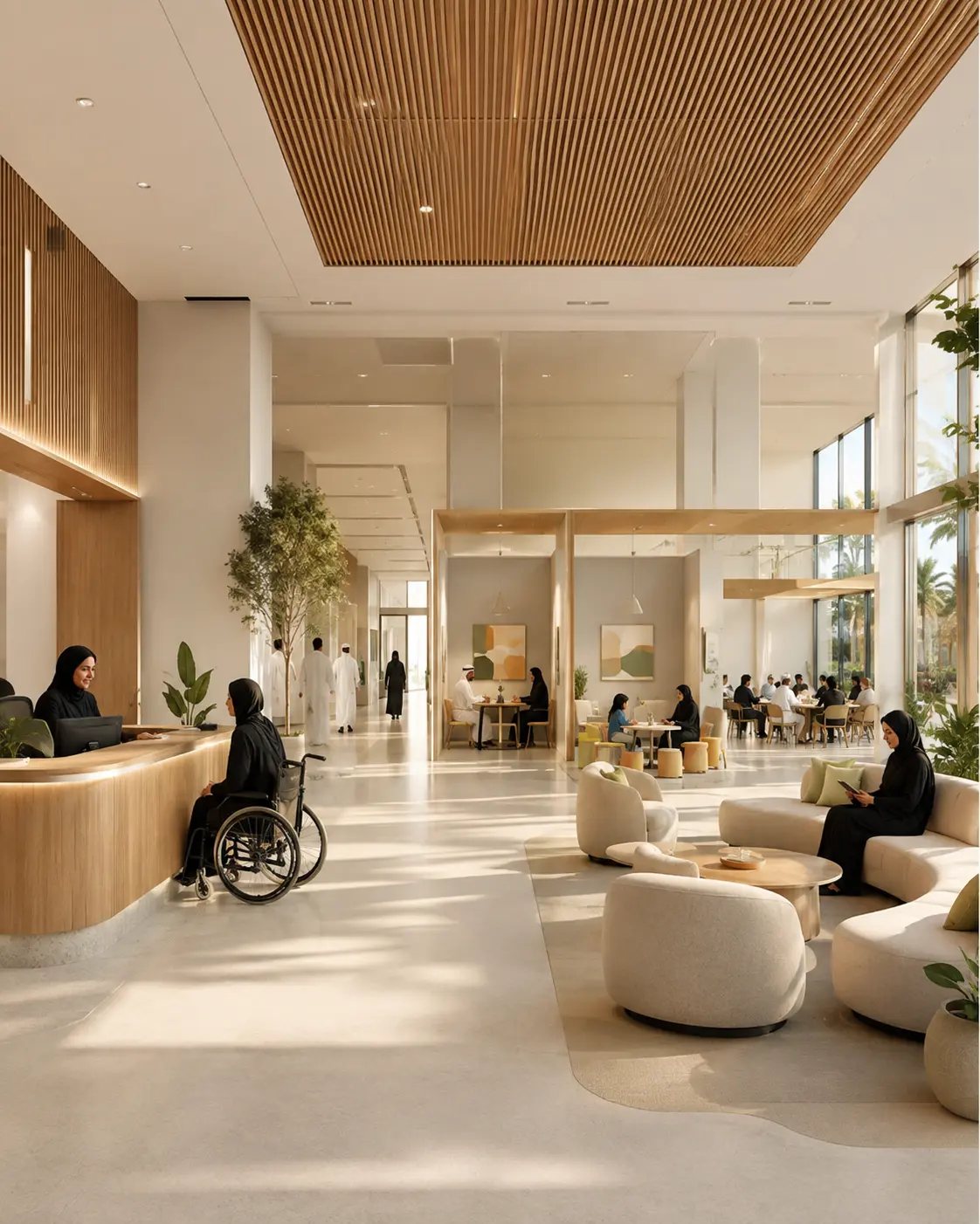 Accessible contemporary public-service interior visualization in Jumeirah Al Wasl