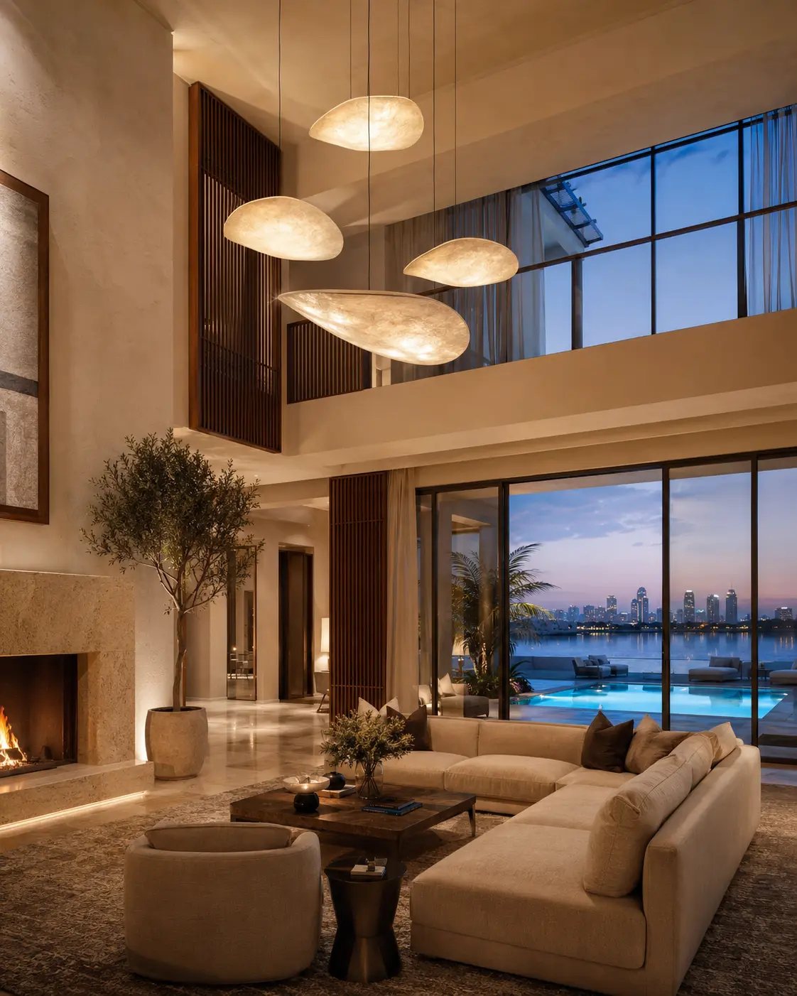 Double-height Palm Jumeirah villa living-room renovation visualization