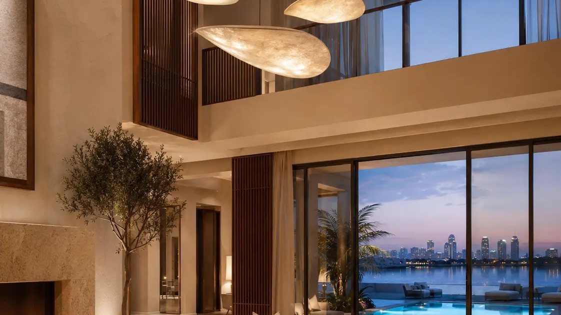 Double-height Palm Jumeirah villa living-room renovation visualization