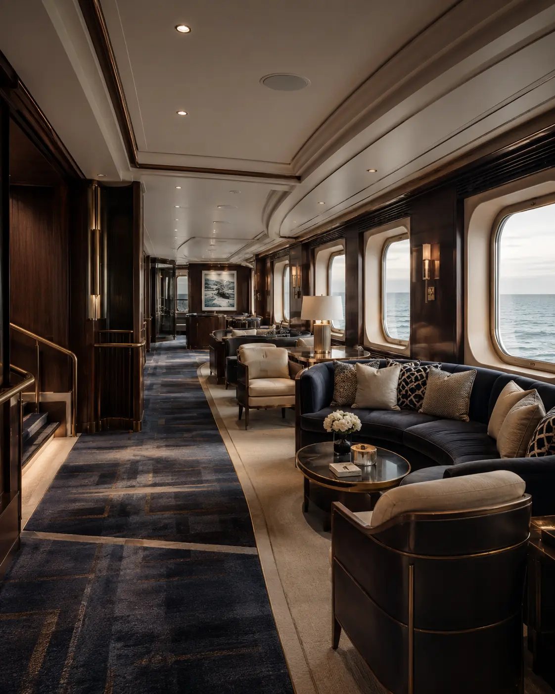 Refined cruise ship lounge interior visualization at Port Rashid