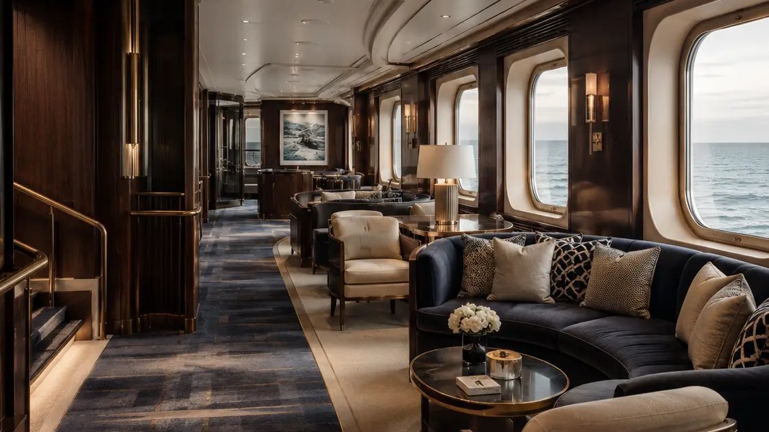 Refined cruise ship lounge interior visualization at Port Rashid