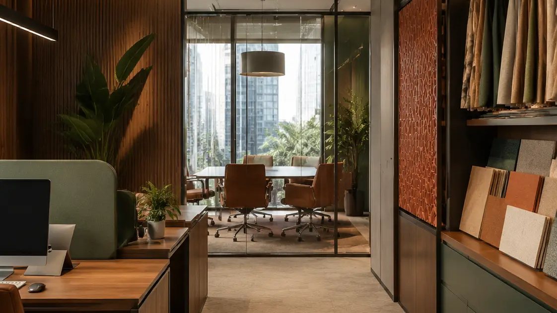 Warm contemporary office interior visualization for The Rio at Habtoor City
