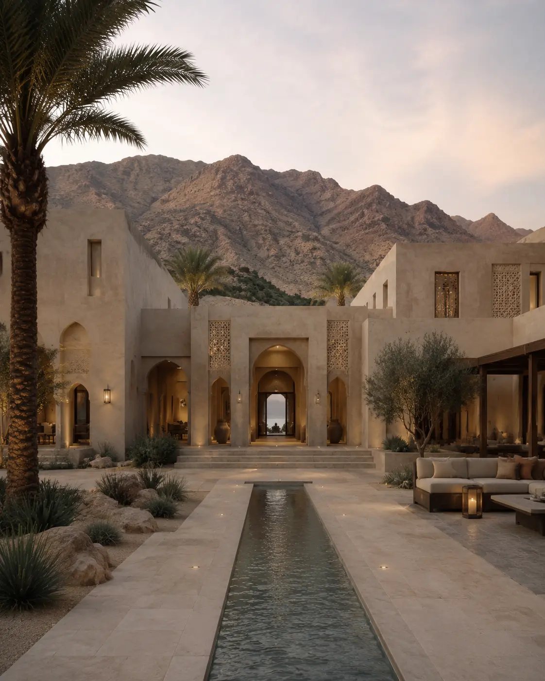 Contemporary Omani courtyard villa design visualization with mountain setting