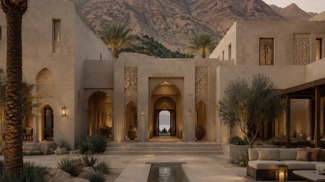 Contemporary Omani courtyard villa design visualization with mountain setting